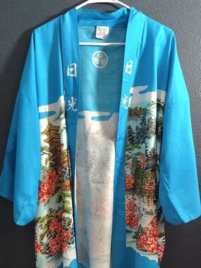 Vintage Japan Hand Print Turquoise Scenic Floral Japanese Yukata Kimono Lounge